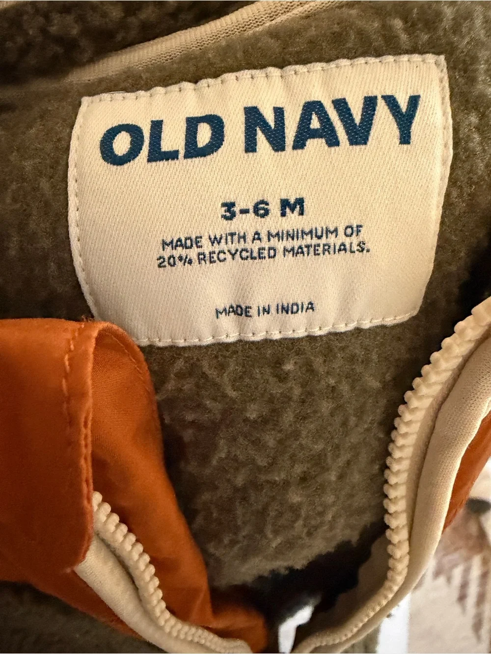 Old Navy Sherpa Fleece Jacket | Olive & Rust | 3–6 Months